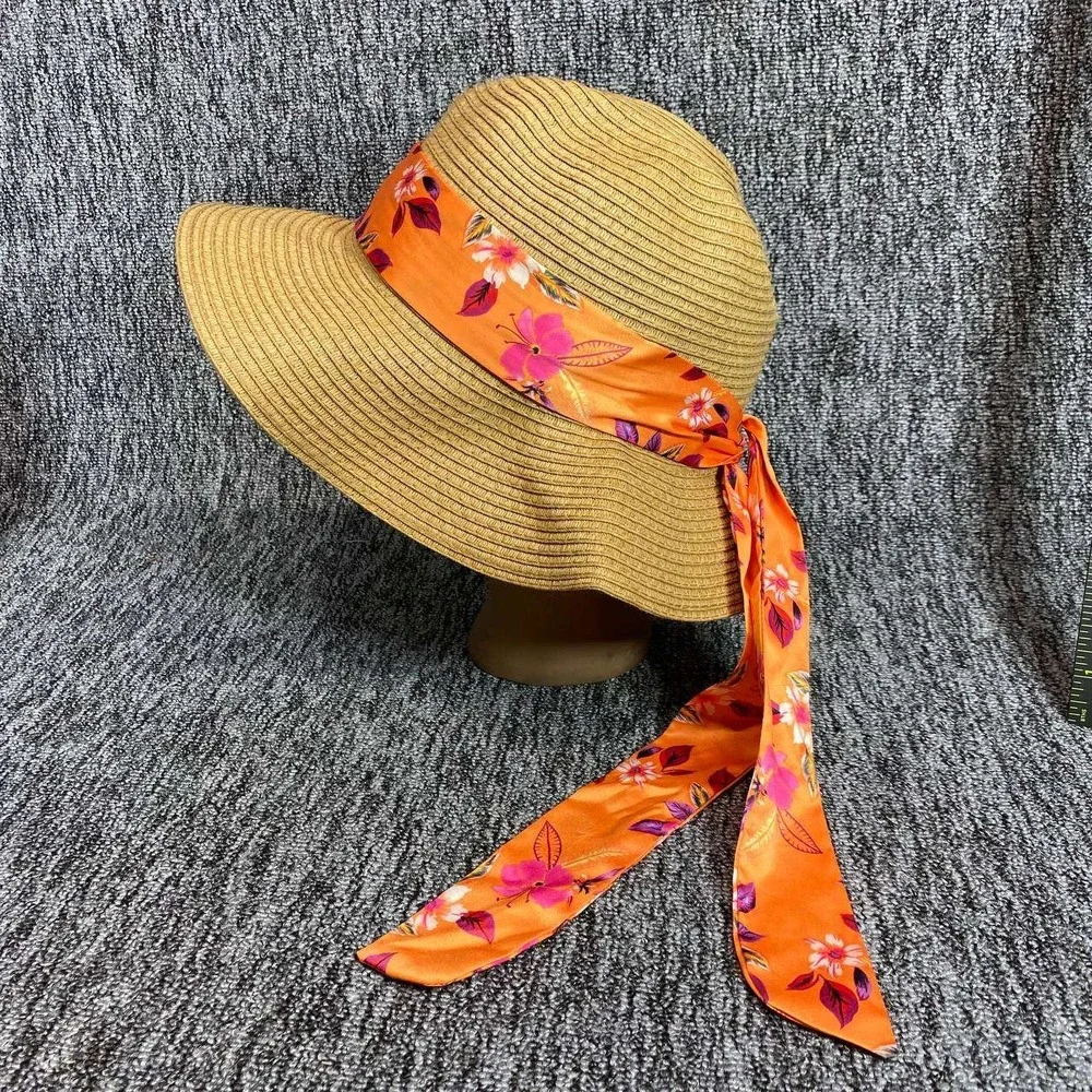 Steve Madden Straw Sun Hat Orange Floral Scarf Tie Wide Brim Floppy Beach Resort